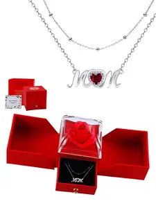 Mom Heart Necklace Gift Set, Copper Pendant, Double Layer Chain, Rose Box Included, Perfect for Mother's Day & Birthday Gifts