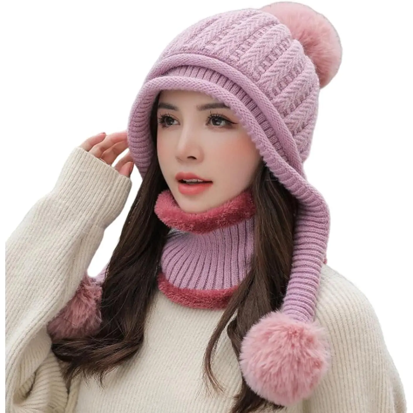 Women's 2-Piece Winter Sherpa-Knit Beanie & Circle Scarf Set, Pompoms, Peruvian Style, Ear Flaps, Fleece-Lined, Gray, for Adults Skiing, Fast Shipping, Cold Weather Warmth