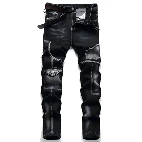 Men's Biker Jeans - Motorcycle Designer Stylish Stretchable Washed Denim Pants, Slim Fit Straight Pants, Elastic Waist Full Length, Retro Vintage Black Plain Menswear, Streetwear Vibe, Ideal for T-Shirts or Jackets