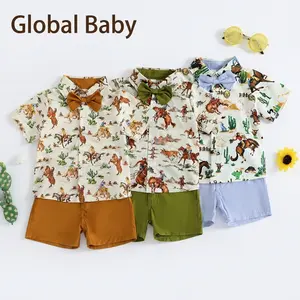 Global Baby  Safari Costume Baby Boy Outfit Cartoon Shirt Shorts for Kids Boy Birthday Party 1-4 Years Old Summer Casual Children Clothes Toddler Boy Gentleman Outfit Western Print Button