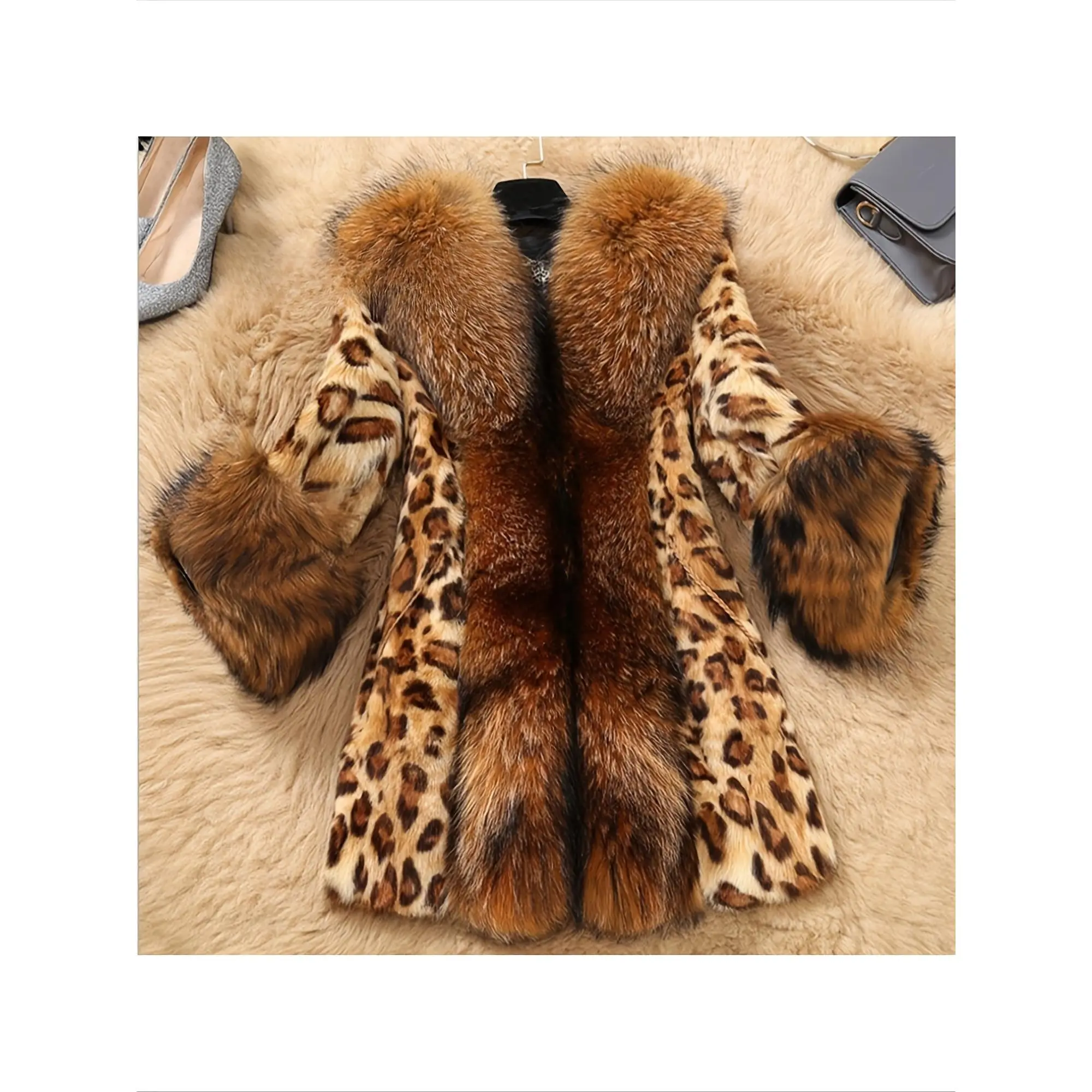 Chic Animal Print Jackets for Women, Mid-Length Collared Warm Coat with a Unique Textured Finish, Elegant, No, Leopard, Polyester, Tops, Collared Neck, Outerwear, Leopard Print