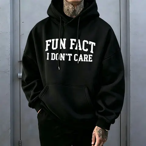 Men's Vintage-Style Menswear Hoodie - Stylish Hoodies Streetwear, Playful Slogan & "Fun Fact" Print, Oversized Comfortable Fit, Dropped Shoulders, Pocket Detailing, Lightweight Breathable Fabric Casual Pullover
