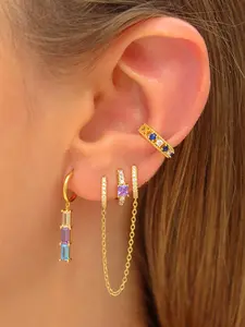 4Pcs Gorgeous 24K Gold Plated Cubic Zirconia Chain Double Hoop Earrings Set For Women Multicolor Zircon Stud Earrings Pack Drop Dangle Earrings Stack