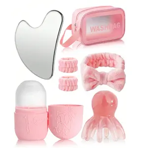 8pcs Facial Beauty Tool Set, Facial Care Tools, Stainless Steel Massage Scraper, Silicone Ice Pack, Head Massager Comb, Face Brush, Hair Tie, Wrist Band, Makeup Bag