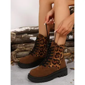 Women's Fashion Leopard Print Lace Up Front Ankle Boots, Casual Comfortable Round Toe Thick Sole Boots for Daily Wear, All Match Boots for Women & Girls