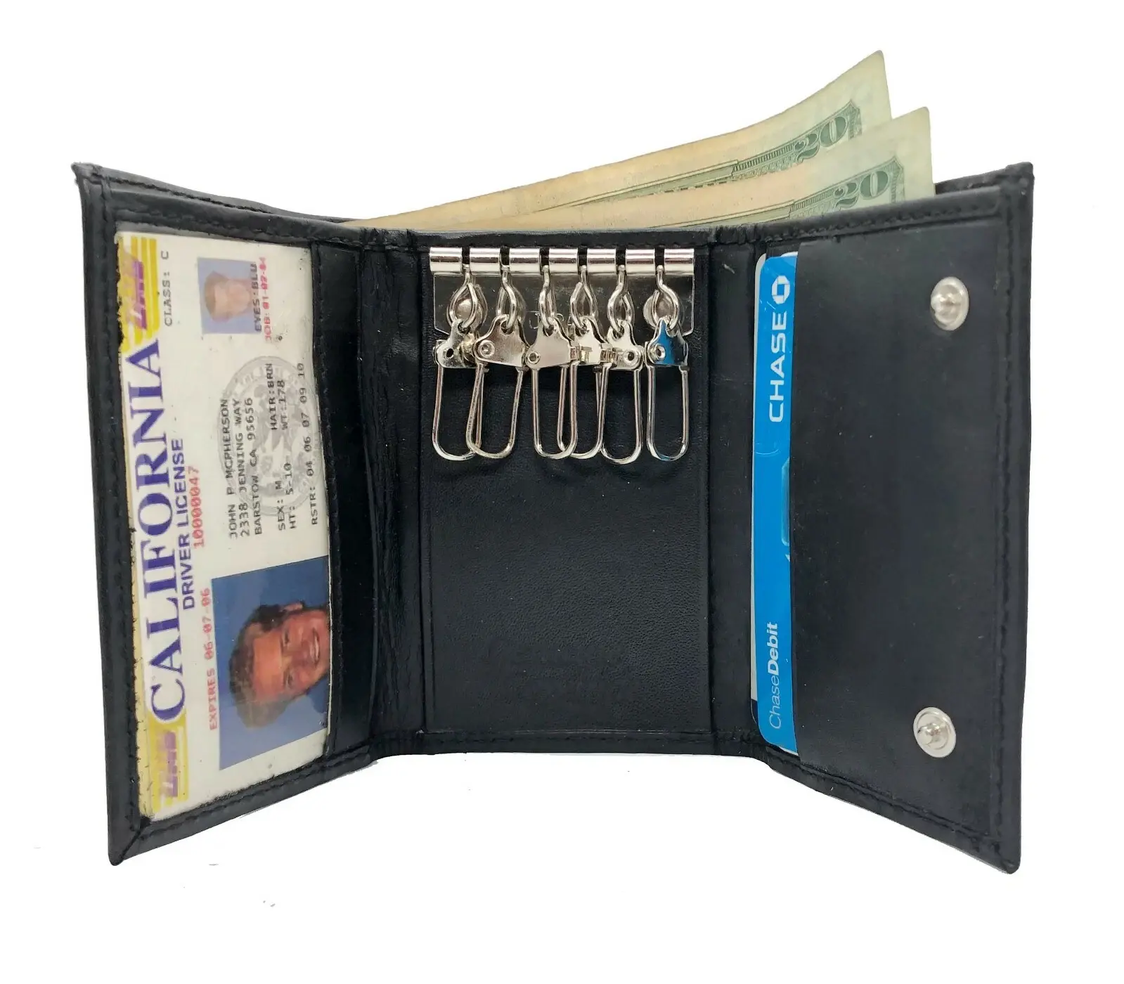 Black Mens Genuine Leather Keychain Holder Case Key Rings Trifold Wallet