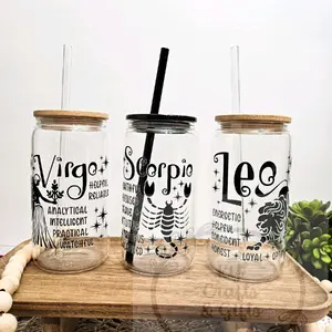 Zodiac Signs 16oz Glass Cup with Lid and Straw - Durable Can-Shaped Mug for Drinks - Washable Reusable Portable Drinkware Tumblers Bottles
