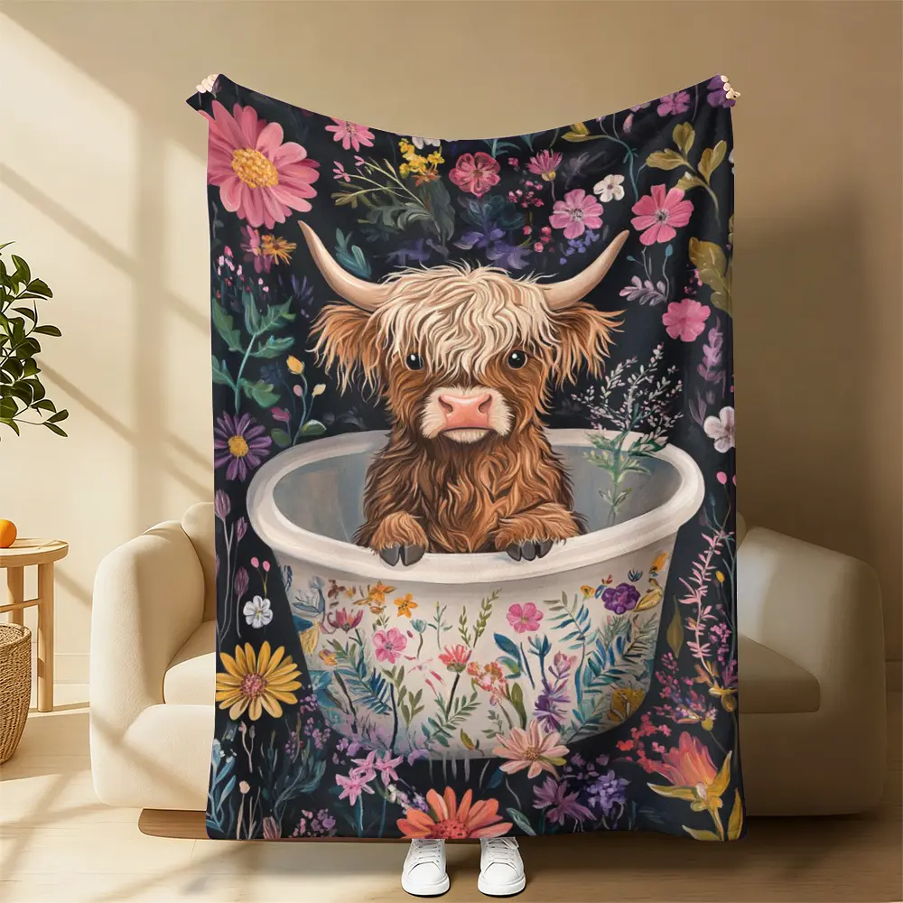 Cozy Plush Highland Cow Bathtub Wildflower Throw Blanket, Cute Scottish Fluffy Cow Floral Dark Background Art Fleece Blanket For Dorm Couch Bed Camping Travel, Perfect Whimsical Novelty Birthday Christmas Gift For Country Farm & Floral Art Lovers