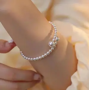 French Vintage Open Bridal Pearl Bracelet, Gold Plated Adjustable Open-End Pearl Bangle Elegant for Wedding Party Back to School Autumn Christmas Gift