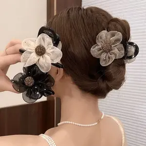 3Pcs Flower Hair Clip, Rhinestone Polka Dot Mesh Sunflower Bobby Pin, Elegant High Ponytail Hair Clip, Multifunctional Hair Accessory, Spring Clip