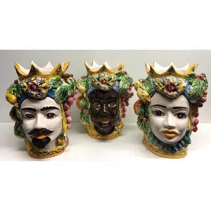 Moor's Heads Pointed Crown Caltagirone Ceramic cm H.28 L.20 Handcrafted Sicilian Decoration