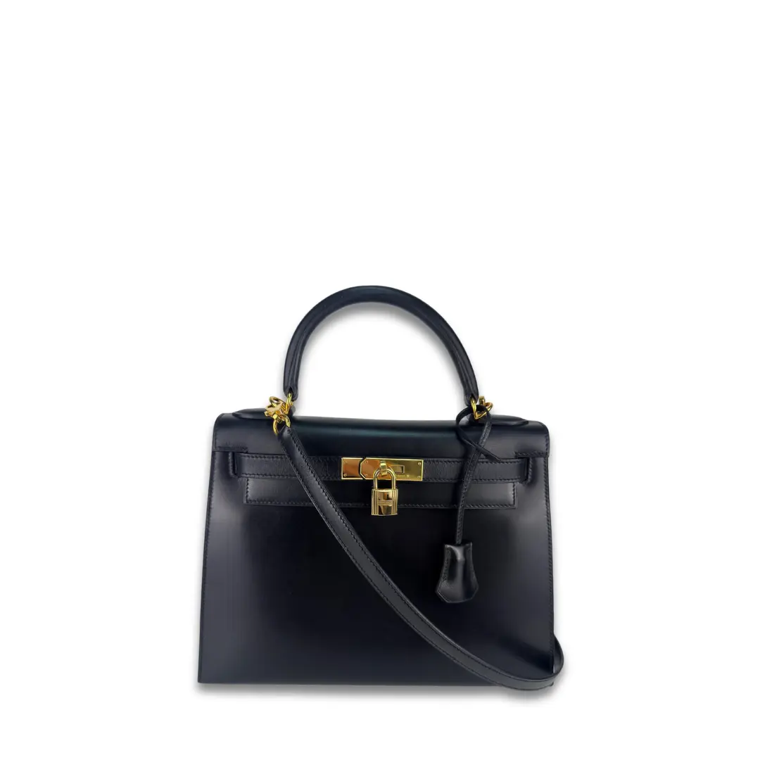 Pre-owned HERMÈS Box Calf Leather Shoulder Bags Hermes Box Calf Kelly 28 Noir Square D