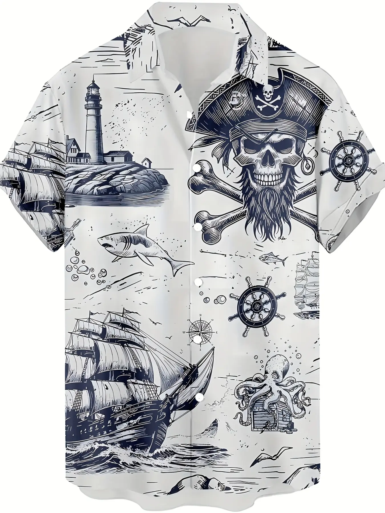 Teen Vintage Pirate Skull Hawaiian Tropical Casual Style Graphic Short Sleeve Shirt