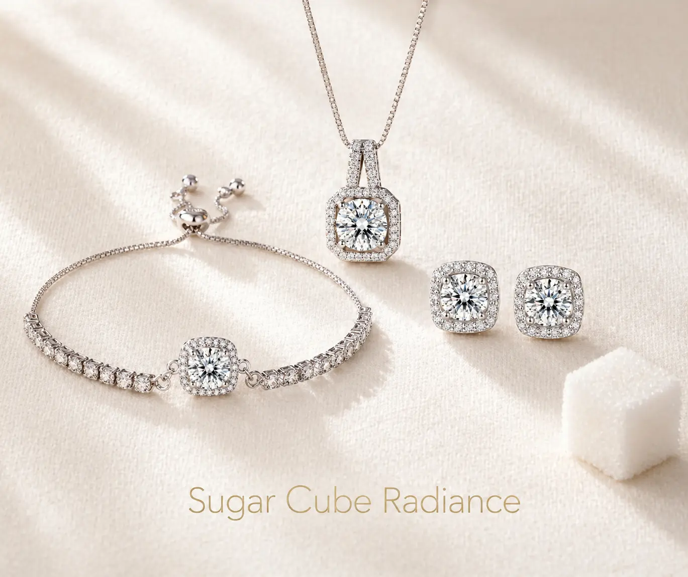 Sugar Cube Radiance 3-Piece Set | Square Cut CZ Necklace Bracelet Earrings Set for Women | Crystal Clear Sparkle Silver Plated Hypoallergenic | Stacking Everyday Wedding Bridal Gift Jewelry