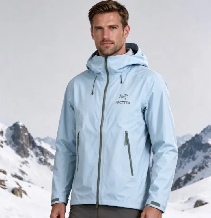 Light Sky Blue Solid Color Hooded Hardshell Jacket, Waterproof Windproof Outdoor Hiking Coat, Full Zip Adjustable Hood, Lightweight Breathable Outerwear for Camping Travel Daily Street Wear