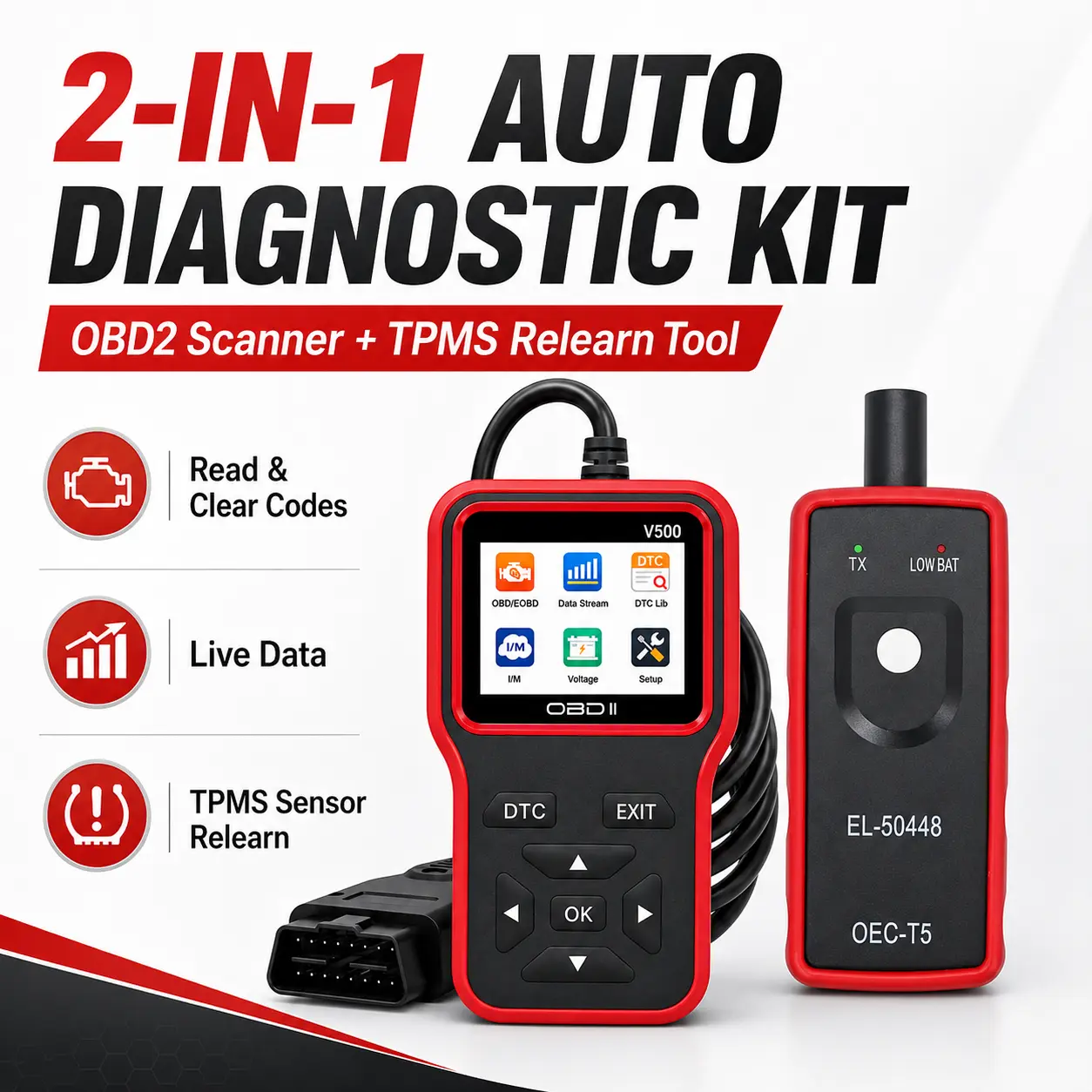 2-in-1 Automotive Diagnostic Kit, V500 OBD2 Scanner Code Reader & EL-50448 TPMS Relearn Tool, Read/Clear Engine Codes, Live Data, DTC Lookup, I/M Readiness, Battery Voltage, Tire Sensor Activation Tool