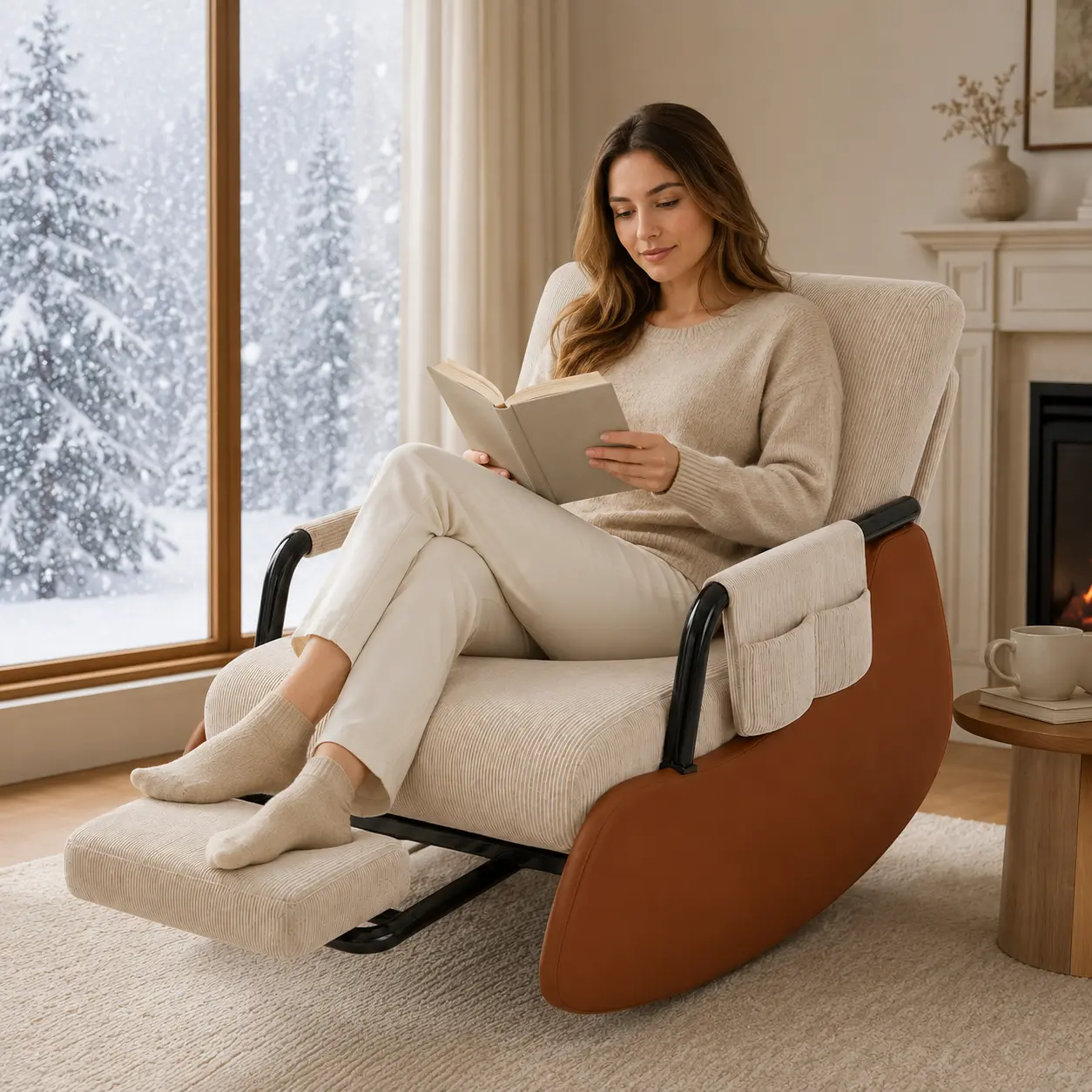 Beige Brown Corduroy Folding Rocking Chair with Pull-Out Footrest - Wear-Resistant, Ultra-Soft Indoor Lounger with Side Pocket, Padded Armrests for Living Room, Bedroom