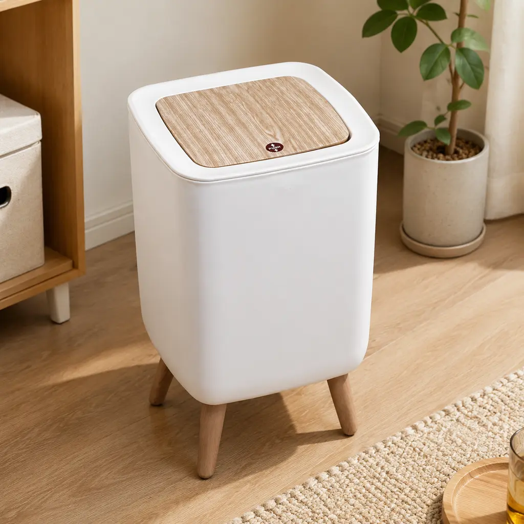 Aesthetic Nordic Covered Plastic Trash Can - Detachable Wood Legs, Press-Seal Odor-Proof Single Unit for Kitchen/Bath, Modern Slim Lidded Knee-Induction Waste Bin