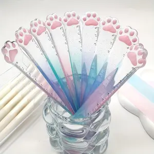 Cat Paw Ruler Set, Transparent Plastic Measuring Tool, Gradient Color Design, Cartoon Bookmarks, Notebook Ruler, Drawing Measurement Instrument