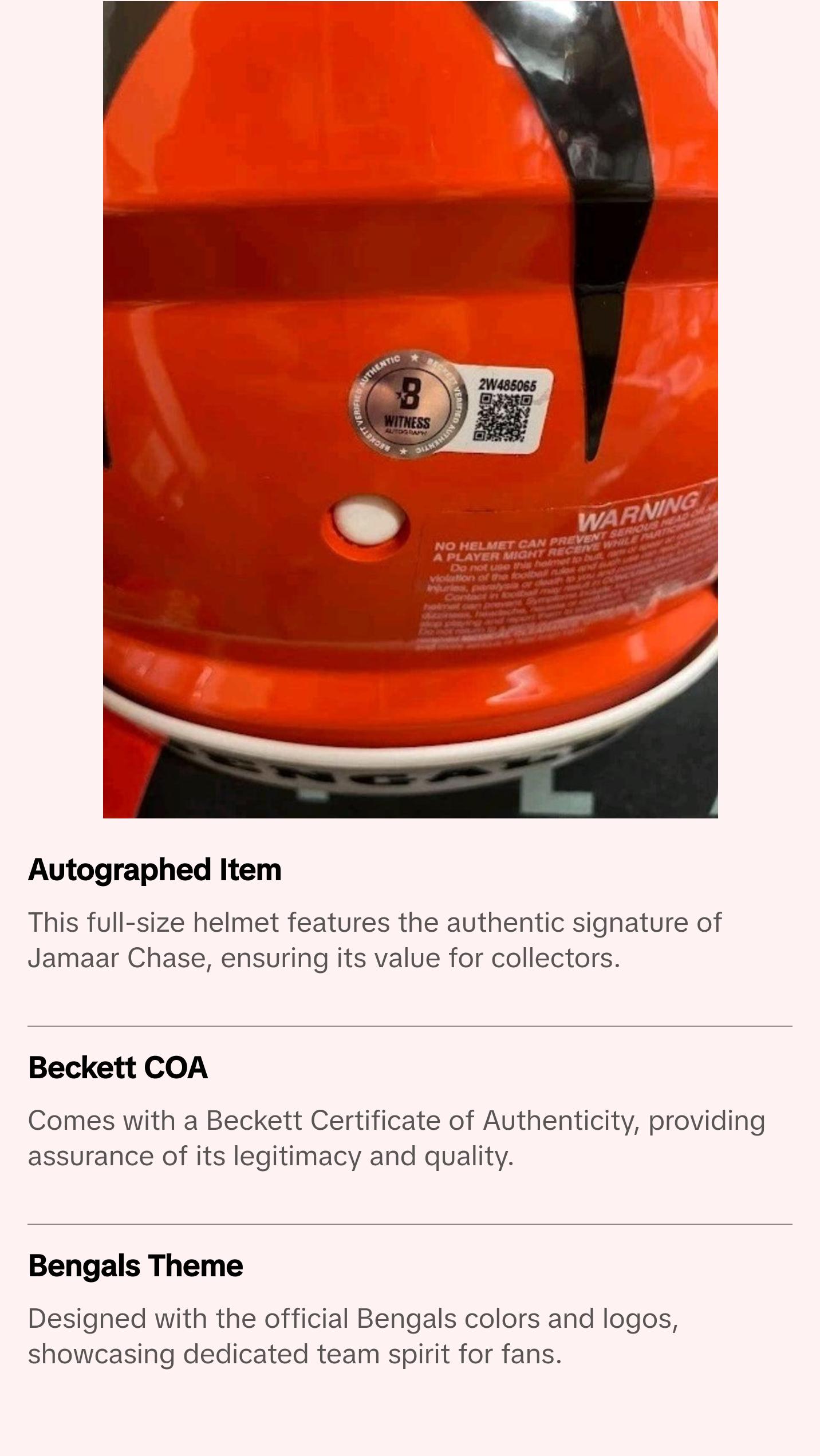 Jamaar Chase Autographed AUTHENTIC Bengals Full Size Helmet Beckett COA