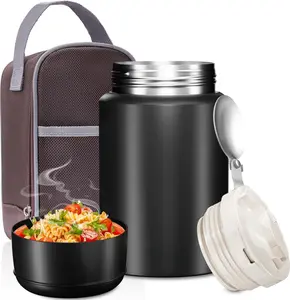 18oz Insulated  Container with Spoon & Insulated Bag, Soup Thermo for hot - 10-Hour Heat Retention, Leak-Proof Stainless Steel Lunch Thermo for Adults, Office, Travel(Black)