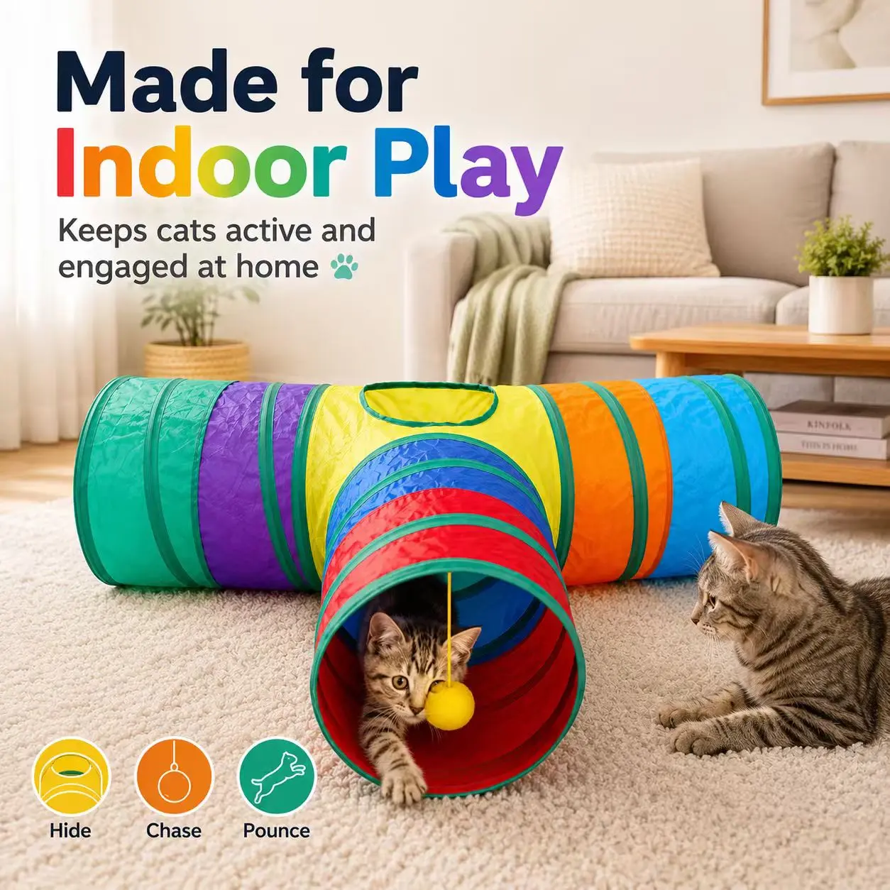 3-Channel Rainbow Cat Tunnel Foldable Multi-Functional Cat Passage Self-Amusement Stress Relief Calming Energy Consuming Cat Hole Toy,Cats and Rabbits Interactive Training Play Tube or Tunnels - Perfect for Exercise and Playtime