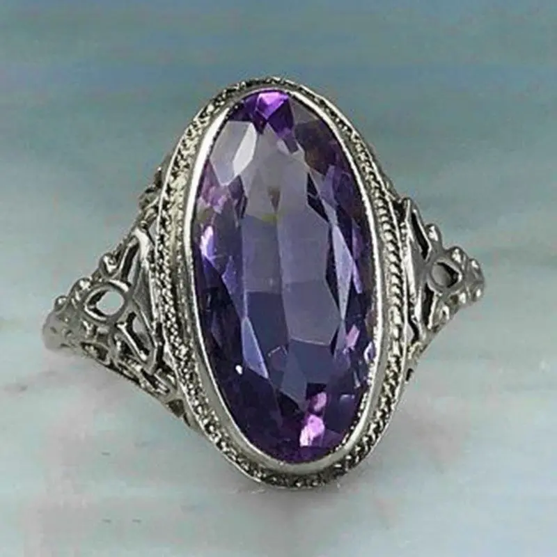 Vintage Oval Purple Amethyst Hollow Silver Ring