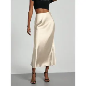 Se-Helo Fashion Women's Elastic Satin Finish Maxi Skirt - Beige Casual Spring