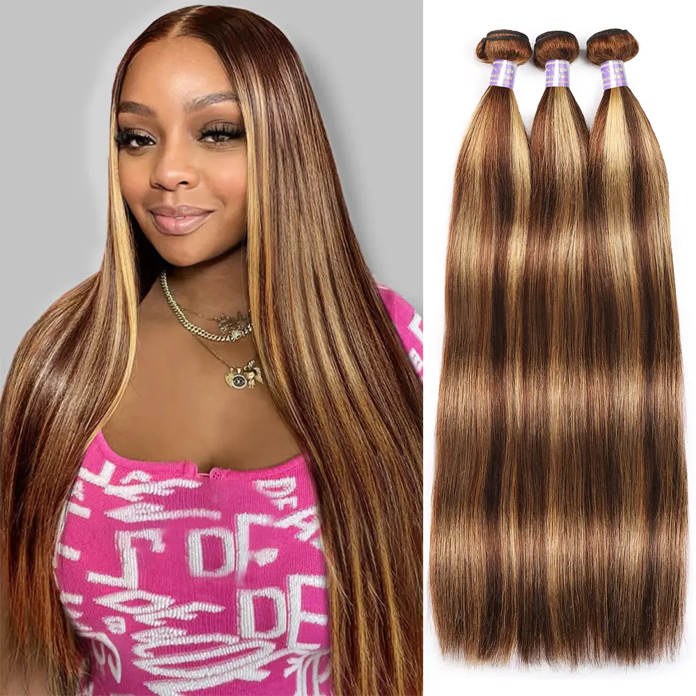 P4 27 Highlight Straight Human Hair Bundles 1 3 4PCS Brown Colored Human Hair Weave Bundles Honey Blonde Hair Bundles Sew In