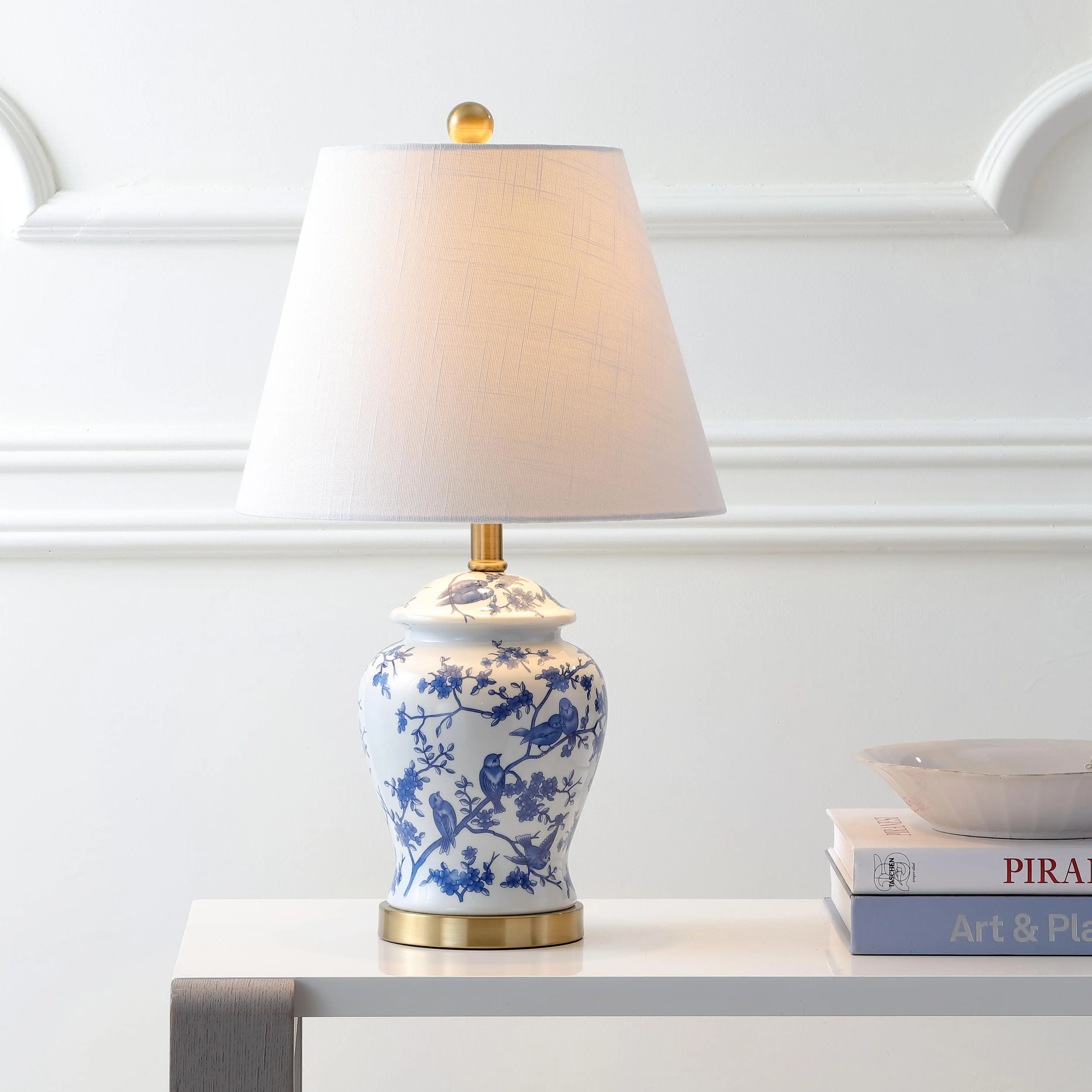 JONATHAN Y Penelope Ginger Jar 22" LED Table Lamp | Chinoiserie, Ceramic Metal Construction, French Country Traditional, Linen Empire Shade, Brass Gold, LED Bulb Included