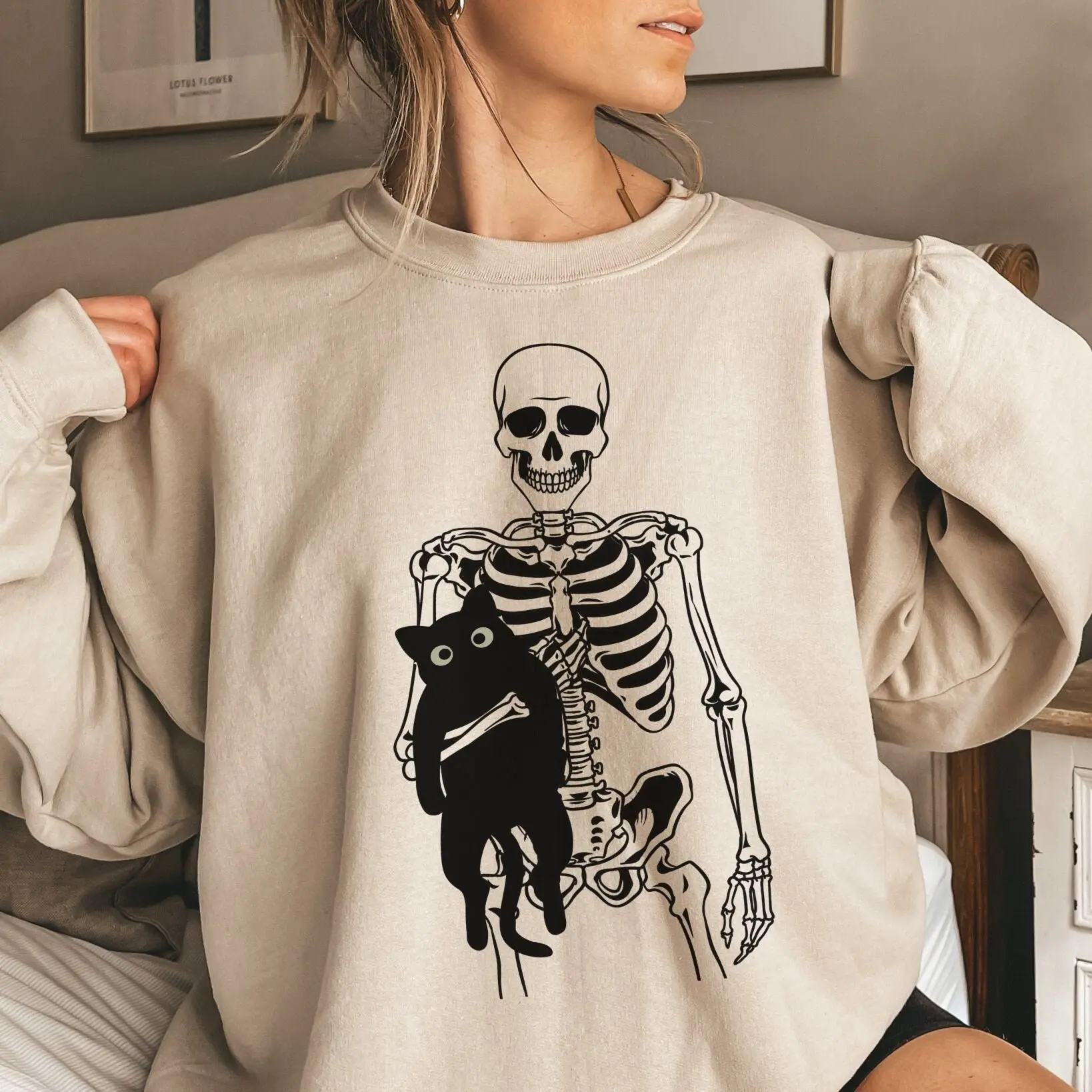Skeleton and Cat Sweatshirt, Black Cat Shirt, Spooky Cat Mom Sweater, Gifts for Cat Lovers, Cat Dad, Womens Tops
