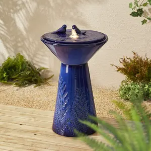 Glitzhome 27.5"H Cobalt Blue Two Birds Embossed Fern Fronds Pattern Pedestal Outdoor Ceramic Birdbath Fountain with Pump and LED Light (KD)