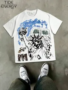 Men's Oversized New York Statue of Liberty T-Shirt, Street Style Nyc Print Short Sleeve, Brooklyn Bridge City Slogan, Summer
