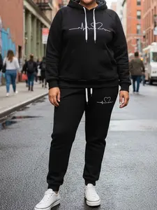 Plus Size Women's Heartbeat Line Design Hoodie & Jogger Pants Set BLACK Apricot Soft Two-Piece Outfit with Drawstring Waist & Pocket Cozy Casual Winter Clothing for Gym Lounge