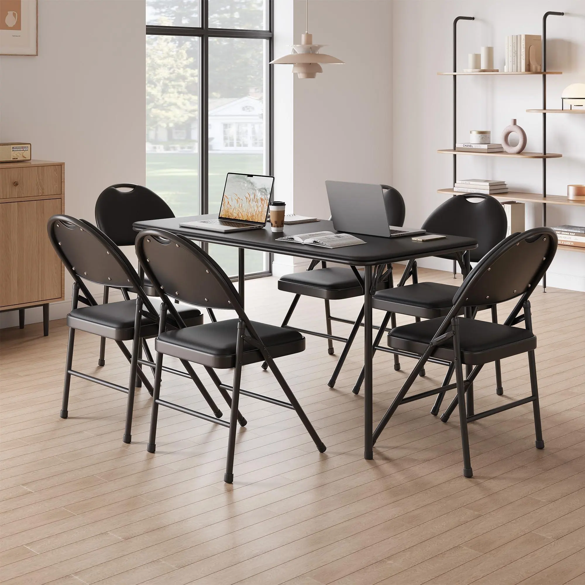 GARVEE 4 Pack Folding Chairs with PU Leather Padded Cushion, 350lbs Capacity, Lightweight Ergonomic Design, Metal Frame, Indoor Outdoor Portable Stackable Seats for Home Office Party Events，Black
