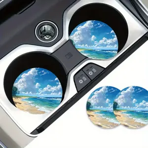 2pcs Tropical Hawaiian Beach Coasters - Non-Slip Cup Holders, 5mm Thick EVA Heat-Resistant Car Interior Decor with Turquoise Ocean Waves & Palm Tree Design, Spill-Proof for Cars, Beach Parties, Weddings, Hawaiian-Themed Events - Fits Cup Holders, Scratch