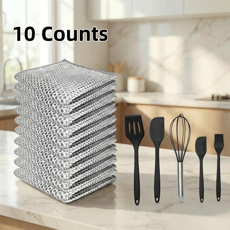 10 Counts Dishwashing Rags 30×30Multipurpose Non-Scratch Wire Dishcloths for Wet and Dry Use, Reusable Wire Cleaning Cloths for Kitchen, Sinks, and Pans Silver Removable, Washable & More Free 5-piece silicone kitchen utensil set (spatula, oil brush, etc.)