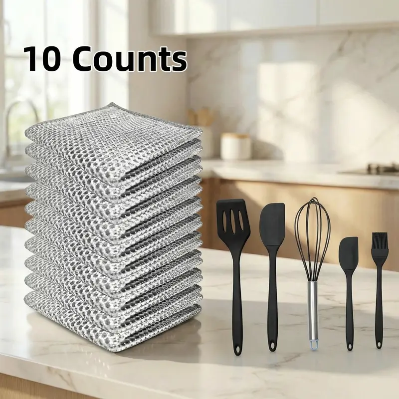 10 Counts Dishwashing Rags 30×30Multipurpose Non-Scratch Wire Dishcloths for Wet and Dry Use, Reusable Wire Cleaning Cloths for Kitchen, Sinks, and Pans Silver Removable, Washable & More Free 5-piece silicone kitchen utensil set (spatula, oil brush, etc.)