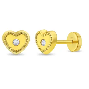 18k Gold Bezel Set Heart Clear Baby / Toddler / Kids Earrings Safety Push Back