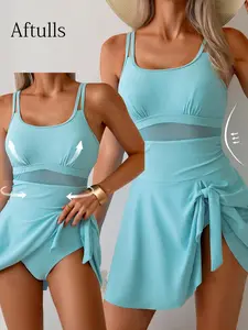 Women's Fashion One-Piece Swimsuit, Plain Color Square Neck Dress Style, Shoulder Straps, Vacation Wear, All-In-One Swimwear, Skirted Swim Dress
