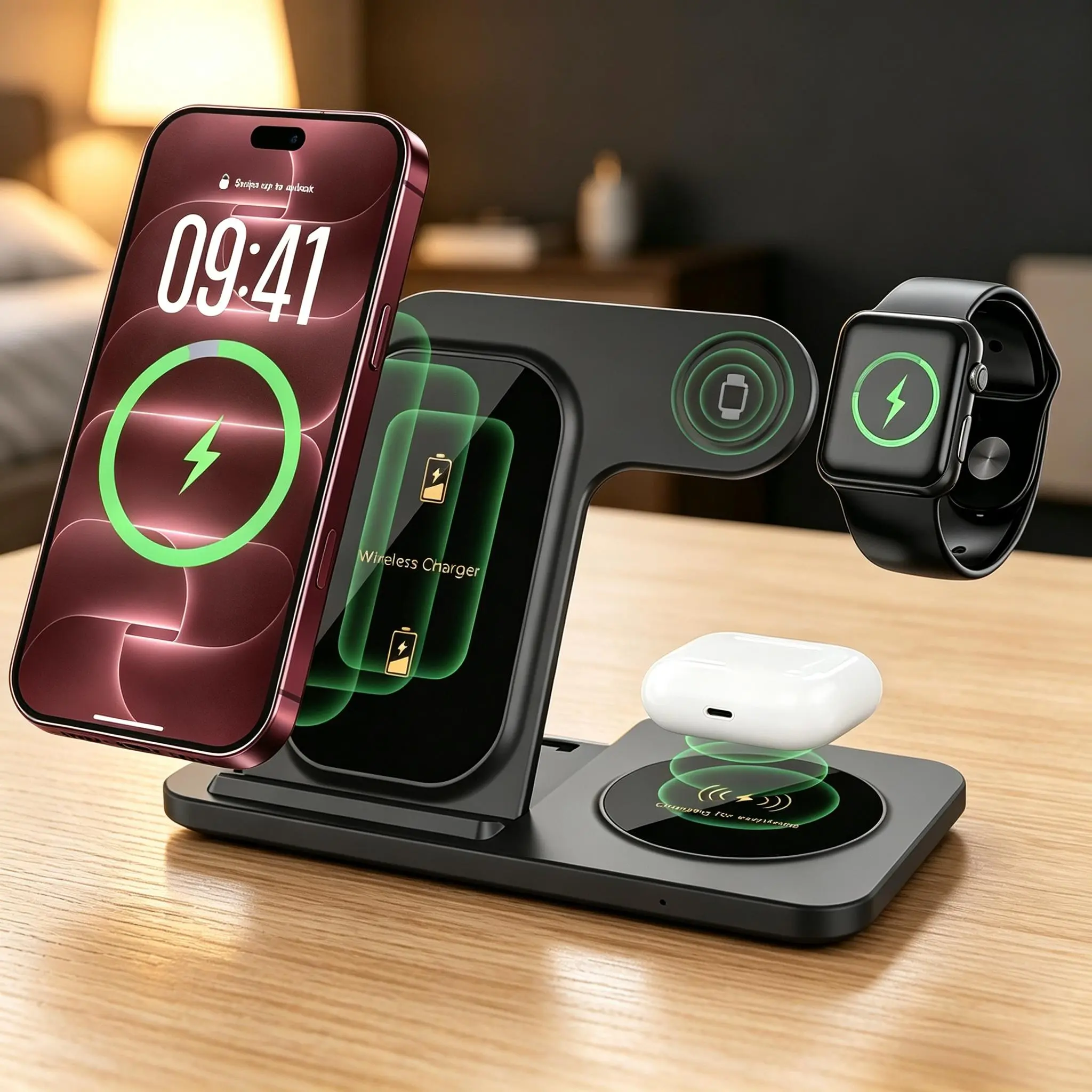 3‑in‑1 Foldable Wireless Charger, Fast Wireless Charging Station for iPhone 18 17 16 15 14 13 12 11 X, Apple Watch & AirPods, Portable Travel Wireless Charging Pad
