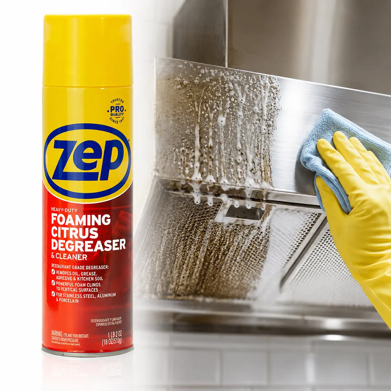 Zep 18OZ Foam Degreaser, Industrial Strength Cleaner, Citrus Solvent Formula, Thick Foaming Action, Cuts Through Grease, Removes Dirt and Grime, Penetrates Deep, Cleans Vertical Surfaces, Cling Formula Spray at Any Angle All Surface Cleaner Safe for Metal