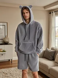 Men's & Couple Matching Cozy Fall, Warm Plush Hoodie Sweatshirt Shorts Set, Soft Skin-Friendly Fabric, Casual Home Wear, Cute Bear Ears Design, Adjustable Drawstring, Fall Outfits Mens Clothes Fall Clothing，Couples' winter and autumn plush set