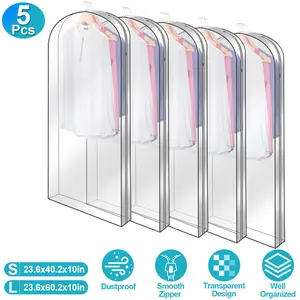 5 Pack 60In Garment Bag for Hanging Clothes Dustproof Waterproof Hanging Clothes Storage Bag Clear Transparent Suits Cover for Sweater Jacket Coat Dress Shirt,summervibes