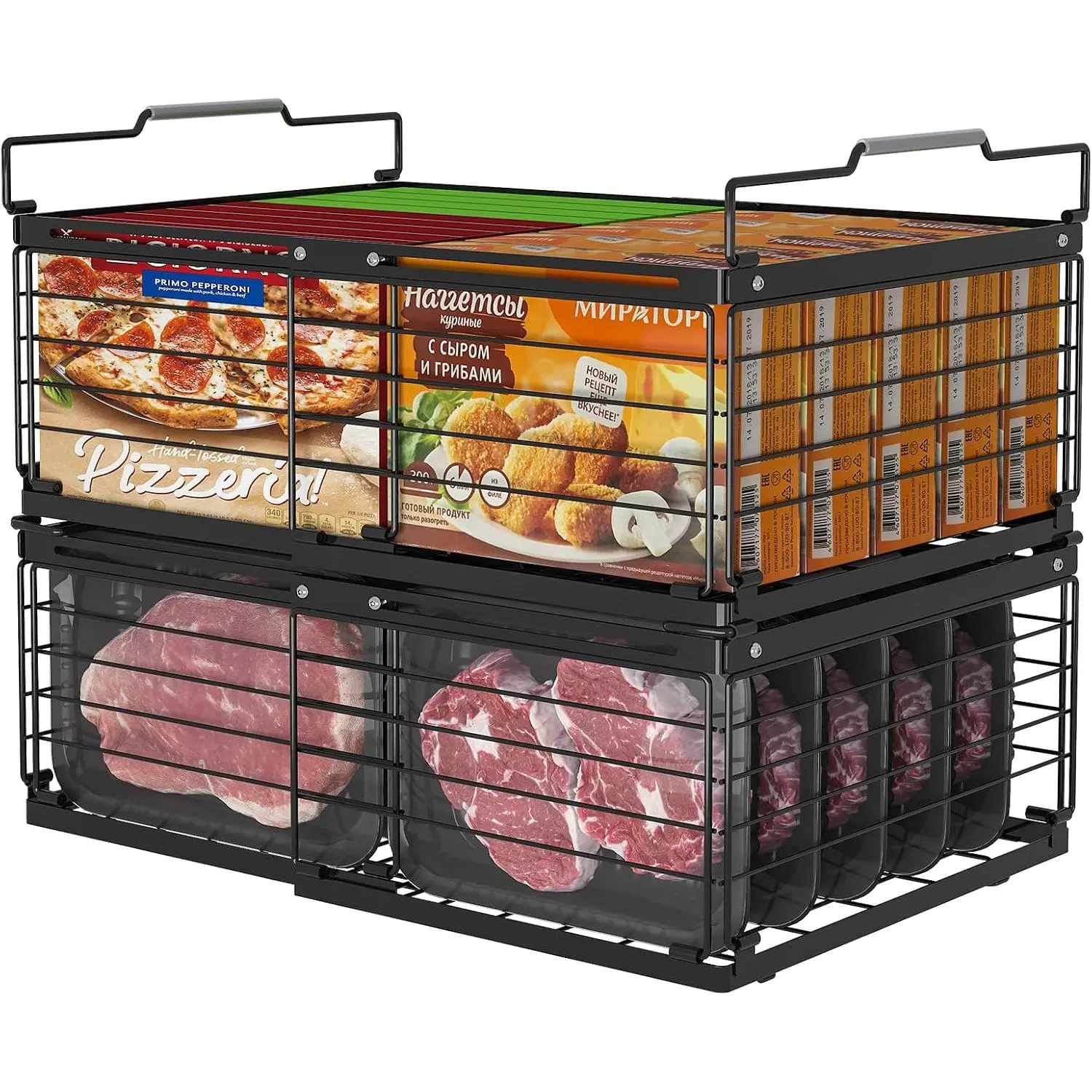 ADRIMER Freezer Organizer Bins, 2 Packs Foldable & Stackable Chest Freezer Organizer Bins with Adjustable Length 11-17.3", Metal Wire Storage Baskets for Upright Freezer, Deep Freezer,