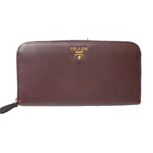 Pre-owned PRADA leather Small Leather Goods Bruciato Brown Saffiano Zip Around Continental Wallet