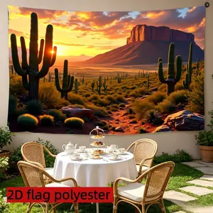 2D Flat 1PC Polyester Western Desert Backdrop Sunset Cactus Decor for Indoor & Outdoor Western Themed Party Vintage Gathering Photo Backdrop Available in Multiple Sizes