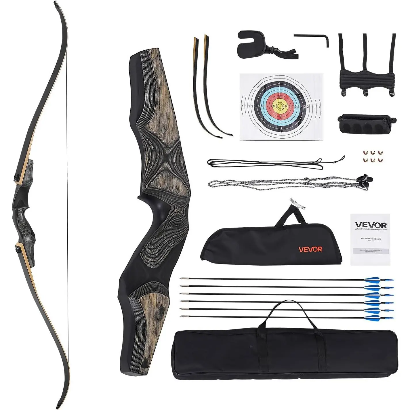 VEVOR Recurve Bow and Arrows Kit, 60 inch Wooden Takedown Bows, Right ...