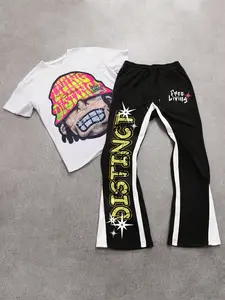 Oversized Men's Streetwear 2-Piece Set - Retro Y2K Graphic Round Neck Tee & Flare Joggers Suit, Urban Hip Hop Tracksuit Outfit Sets Menswear for Summer Music Festivals & Street Photography
