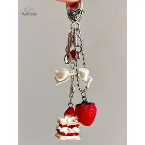 Aethera Cute Strawberry Cake Dessert Keychain Handmade Y2K Resin Charm with Heart-shaped Clip & White Bow for Women's Kawaii Jewelry Accessories Gift
